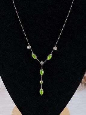 Vintage Aged Green Cat's Eye Rhinestone Y Drop Necklace